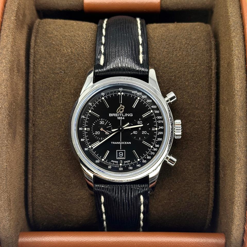 Breitling Transocean Chronograph 38 Black Dial Leather Band Stainless Steel Men's Watch FULL SET BOX PAPERS 2015
