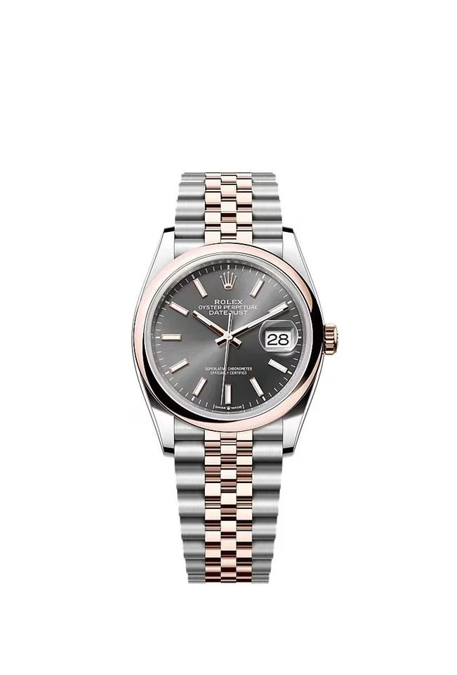 Rolex Datejust 36 Rhodium Gray Index Dial Two Tone Rose Gold Smooth Bezel Jubilee Bracelet