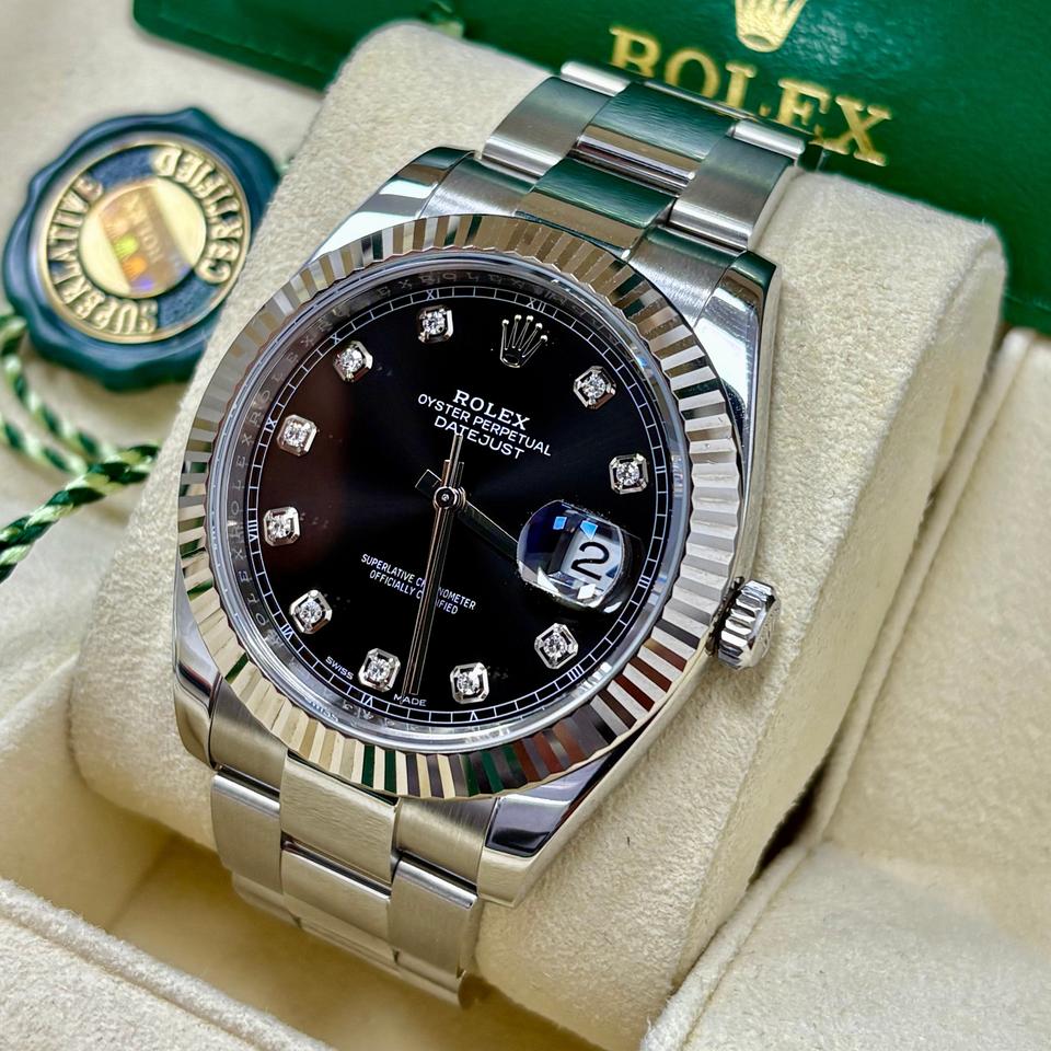 Rolex Datejust 41 126334 Black Diamond Dial Gold Fluted Bezel Oyster Band +Box