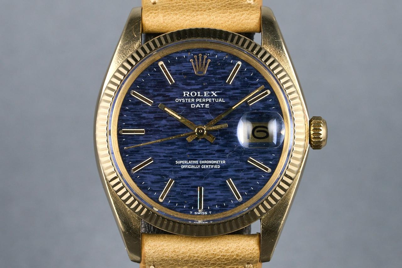 Rolex Oyster Perpetual Date 14k YG Date Ref: 1503 Blue Mosaic Dial Service Papers