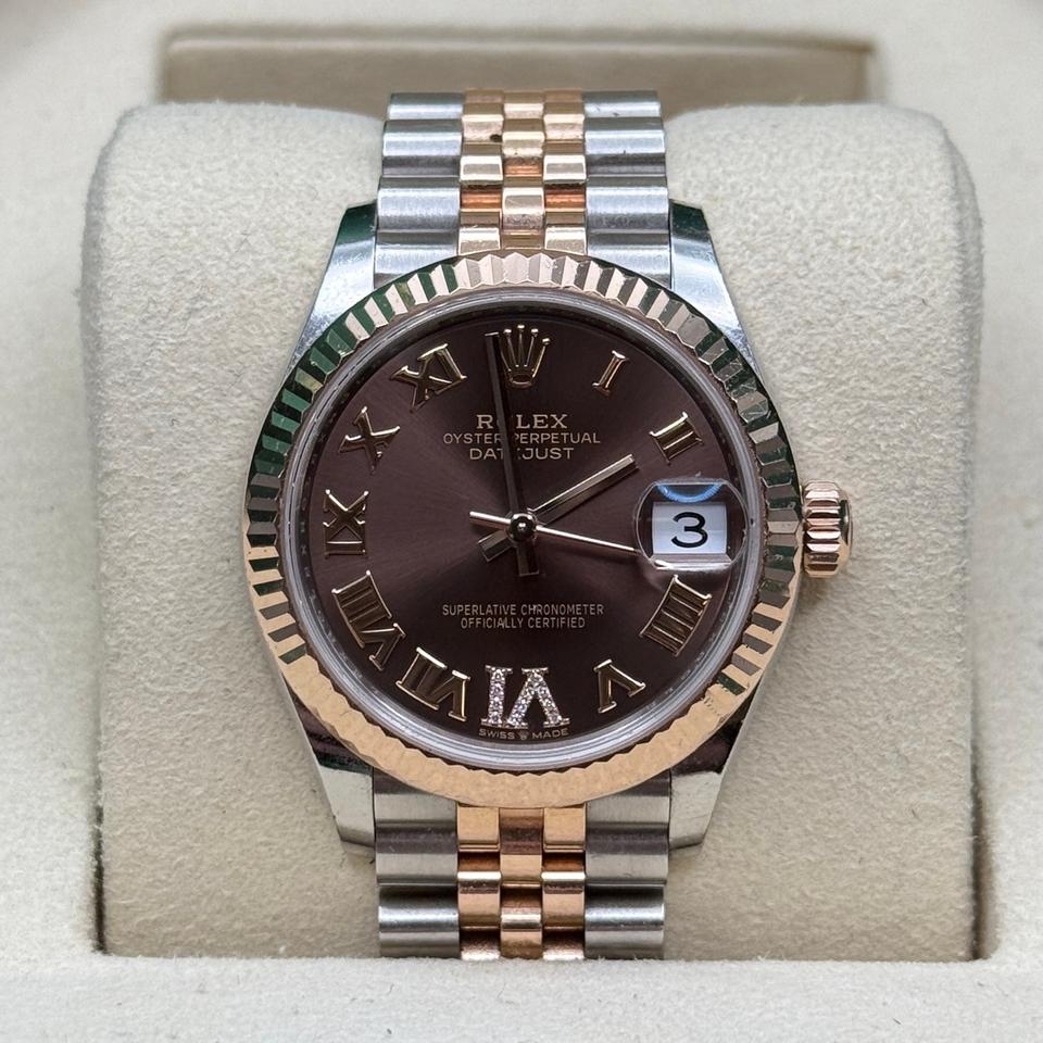 Rolex Datejust 31 Chocolate Roman Diamond 6 Dial Two Tone Rose Gold Fluted Bezel Jubilee
