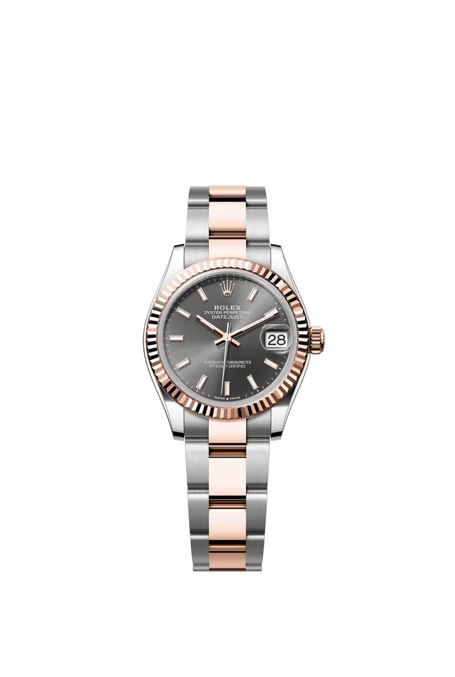 Rolex Datejust 31 Rhodium Gray Slate Index Dial Two Tone Rose Gold Fluted Bezel Oyster Bracelet
