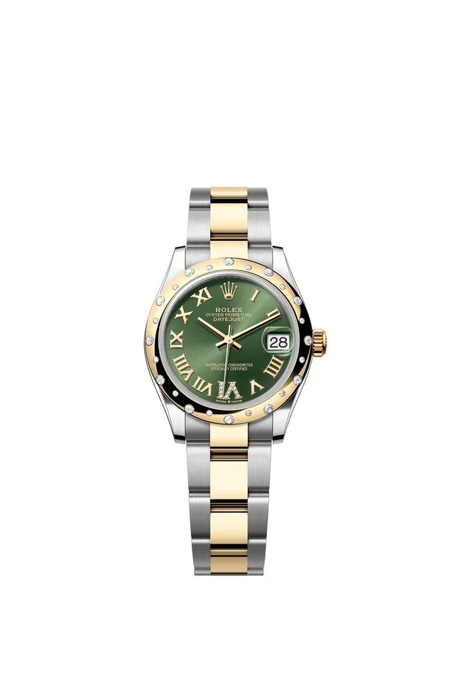 Rolex Datejust 31 Olive Green Roman Diamond Dial Scattered Diamond Two Tone Yellow Gold Oyster