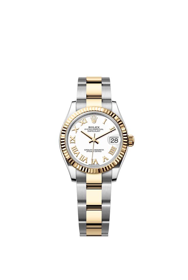 Rolex Datejust 31 White Roman Dial Two Tone Yellow Gold Fluted Bezel Oyster Bracelet