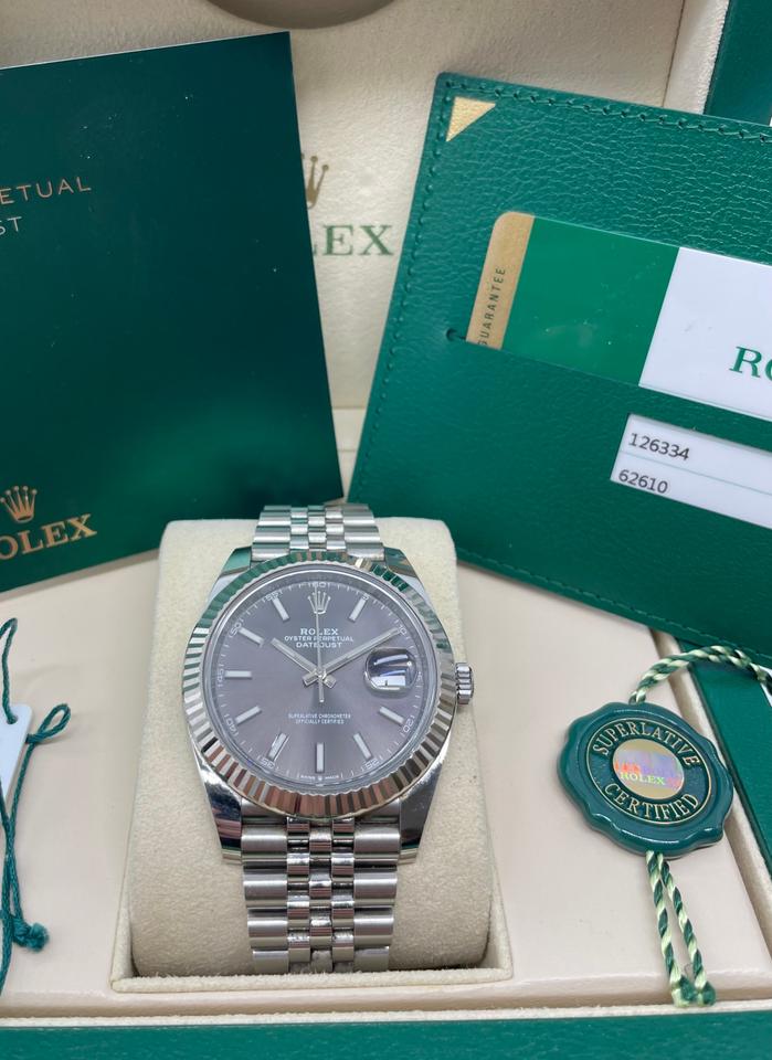 Rolex Datejust 41 Steel & White Gold Fluted Bezel Slate Dial Jubilee 126334-0014 Full set