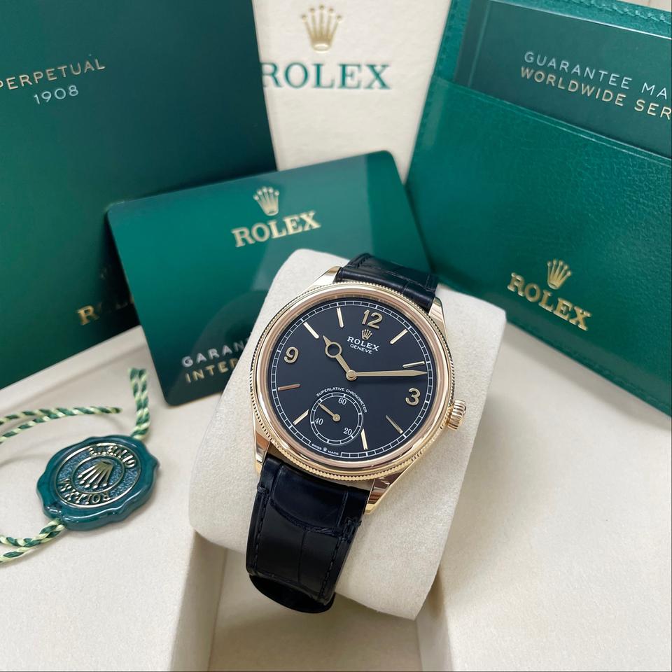 Rolex 1908 UNWORN 52508 Yellow Gold 1908 Black Index Arabic Dial Alligator Leather Strap 39mm Full Set Unworn Complete Box & Papers