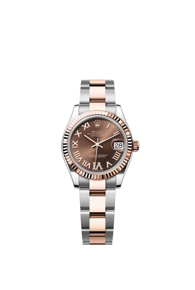 Rolex Datejust 31 Chocolate Roman Diamond 6 Dial Two Tone Rose Gold Fluted Bezel Oyster Bracelet