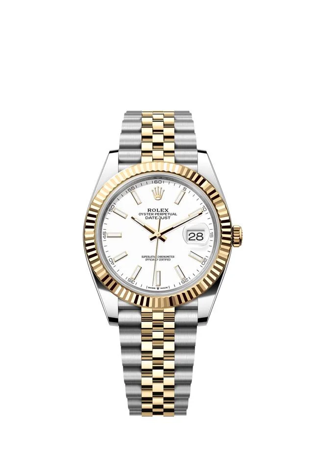 Rolex Datejust 41 White Index Dial Two Tone Yellow Gold Fluted Bezel Jubilee Bracelet