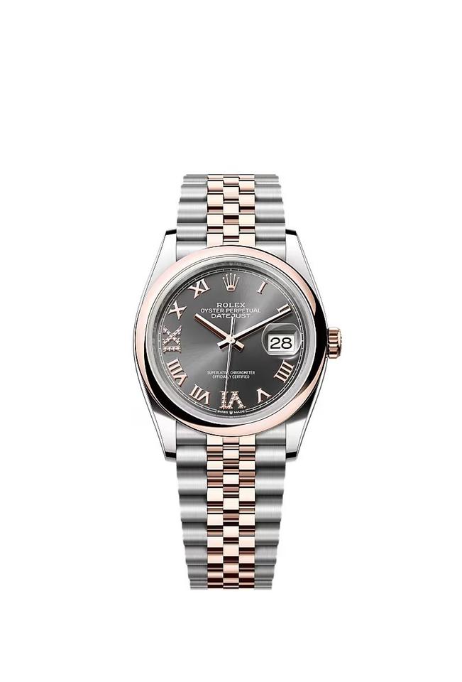 Rolex Datejust 36 Rhodium Gray Roman 69 Diamond Two Tone Rose Gold Smooth Bezel Jubilee Bracelet