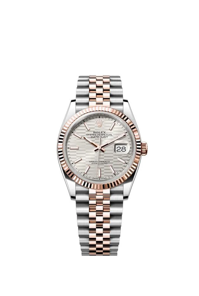 Rolex Datejust 41 Silver Motif Index Dial Two Tone Rose Gold Fluted Bezel Jubilee Bracelet