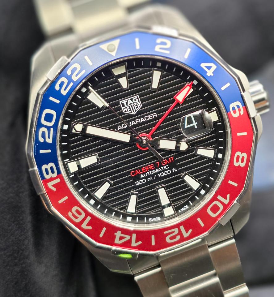 TAG Heuer Aquaracer 300M WAY201F Cailbre 7 GMT "Pepsi" Blue/Red Bezel 43mm Great